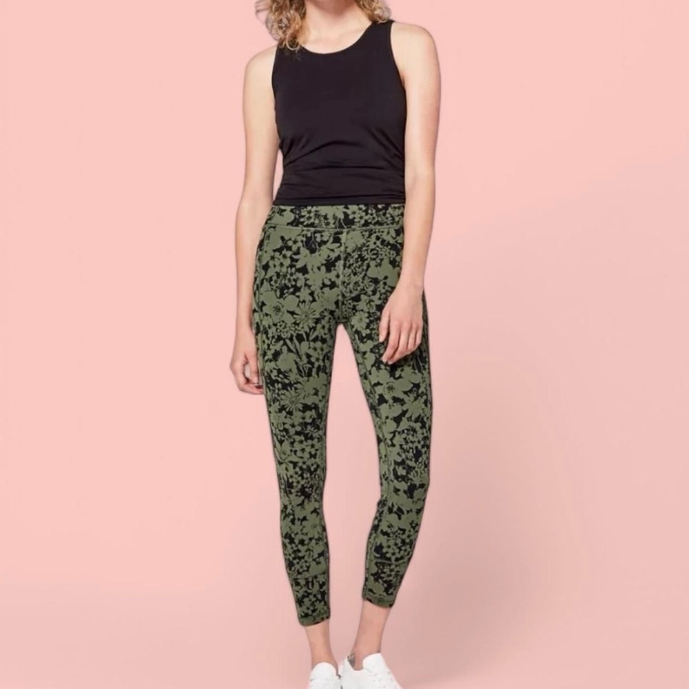Floral Lululemon Athletica Green and Black Leggings with Abstract Pattern